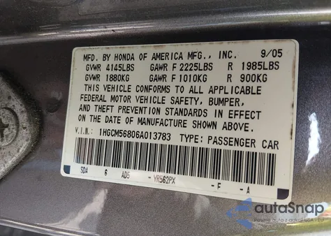 2006 Honda Accord 2.4 Ex из США, поврежденный, VIN 1HGCM56806A013783